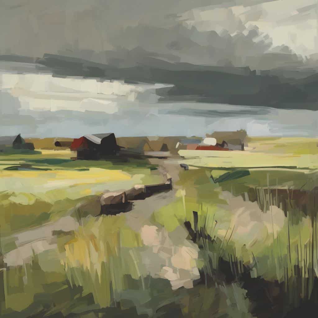 Μοντέρνα ζωγραφική τοπίων με έντονα σύννεφα και ήρεμα χωριά, αποπνέοντας την τέχνη και ψυχολογία του υποσυνείδητου στον καμβά.